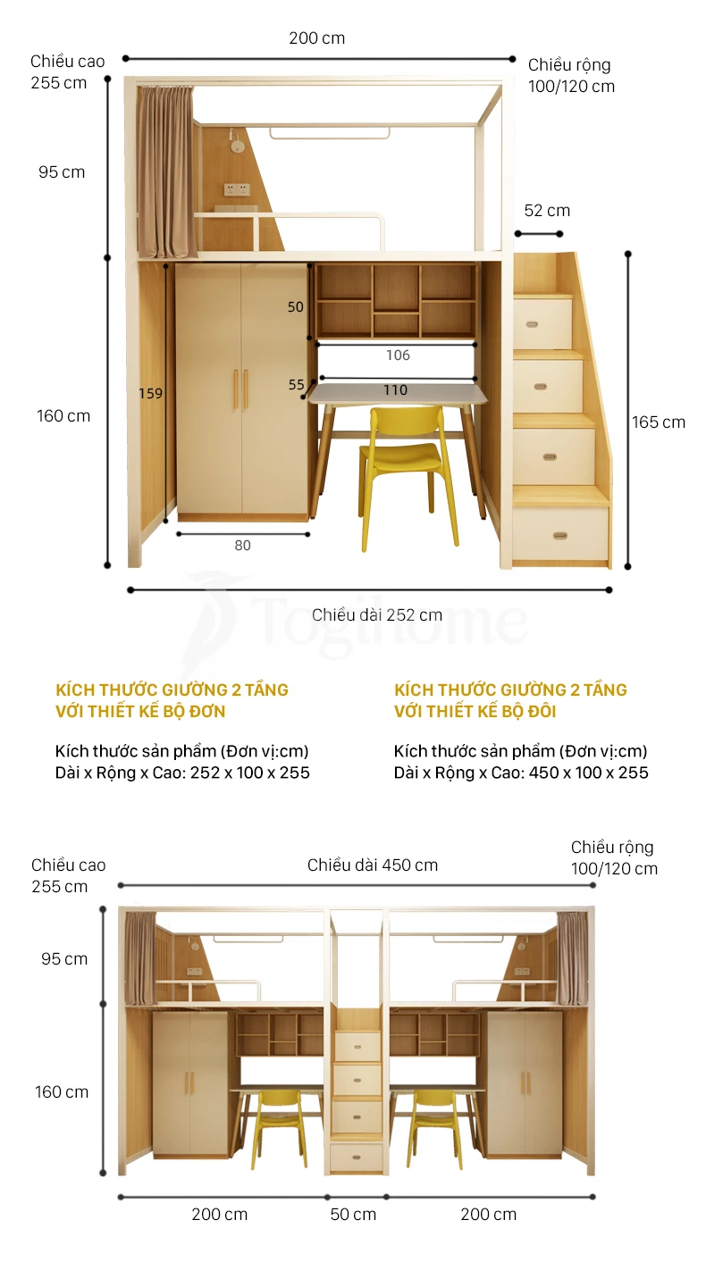 Kích thước chi tiết Bộ giường gỗ thép GSTE007 kết hợp tủ/bàn làm việc và tủ thang đa năng, phong cách Bắc Âu