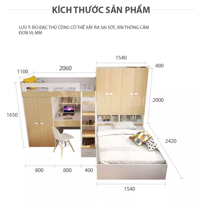 Kích thước chi tiết bộ Nội thất phòng ngủ kết hợp giường và tủ quần áo đa năng GN025, tối ưu không gian, chất liệu cao cấp