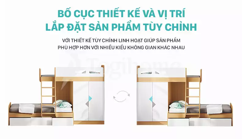 Bộ giường tầng trẻ em GTE026 kết hợp tủ đồ và tủ giường kiểu dáng hiện đại, chất liệu gỗ MDF cao cấp với thiết kế tùy chỉnh hướng linh hoạt