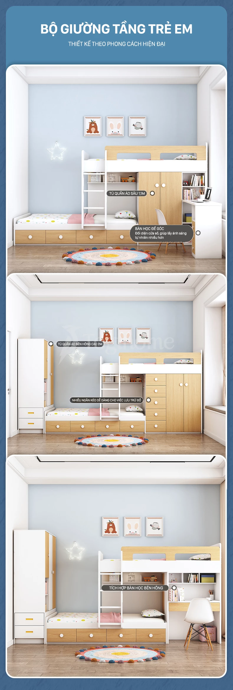 Chi tiết các bộ phận nội thất giường ngủ trẻ em GTE010 kết hợp bàn học và tủ quần áo cao cấp, thiết kế đa năng
