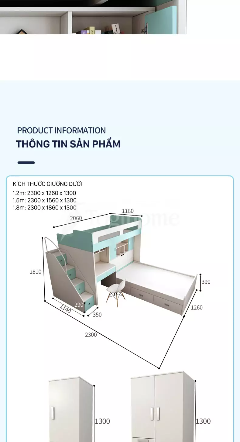 kích thước chi tiết Combo giường tầng/tủ quần áo/bàn học/kệ sách GTE014 kiểu dáng hiện đại, chất liệu gỗ MDF thân thiện môi trường