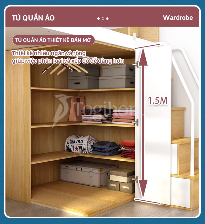 Giường ngủ trẻ em đa năng kết hợp tủ quần áo/bàn làm việc/cầu thang GTE06 với thiết kế tủ quần áo lưu trữ lớn
