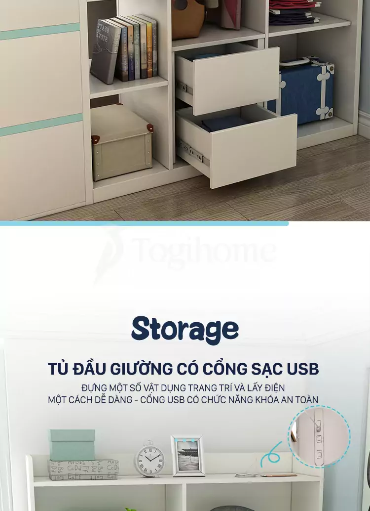 Combo bộ giường tầng trẻ em kết hợp tủ GTE012  và cầu thang hộp đa năng, thuận tiện, chất liệu gỗ MDF cao cấp với thiết kế kệ đầu giường kết hợp cổng sach USB tiện lợi