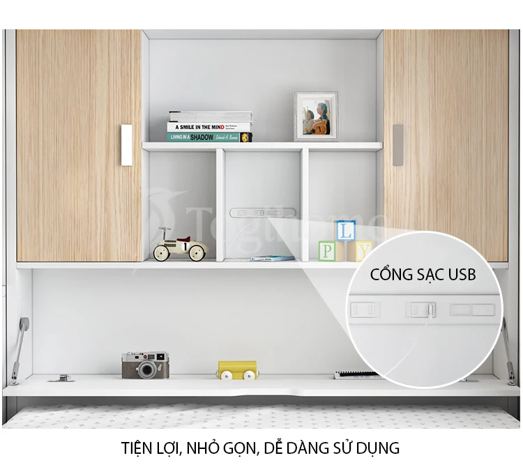 Nội thất giường tầng GN019 kết hợp tủ quần áo phong cách Bắc Âu, chất liệu gỗ MDF lõi xanh cao cấp tích hợp cổng sạc USB