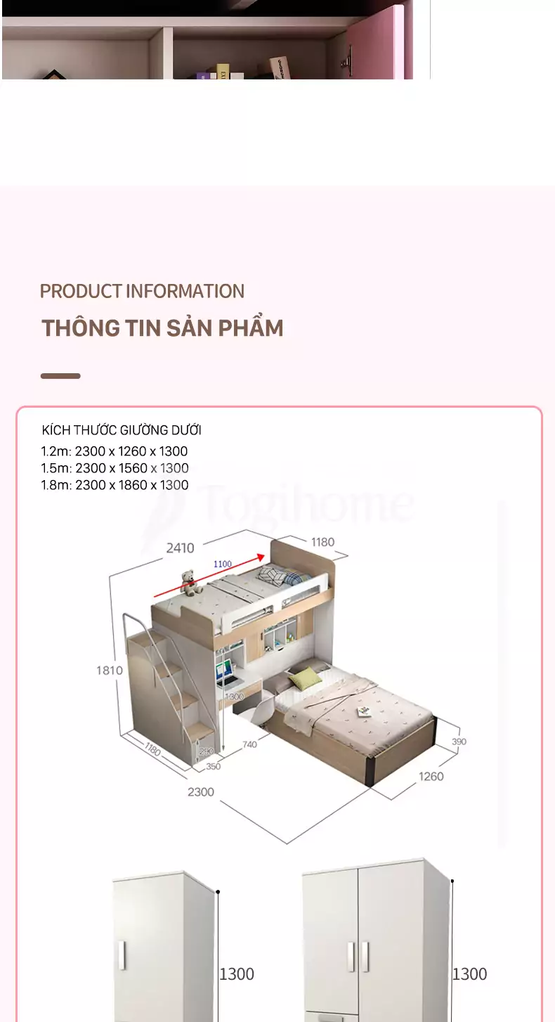 Kích thước chi tiết BỘ GIƯỜNG TẦNG TRẺ EM GTE017 thiết kế kết hợp tủ và bàn học phong cách Bắc Âu, đa năng