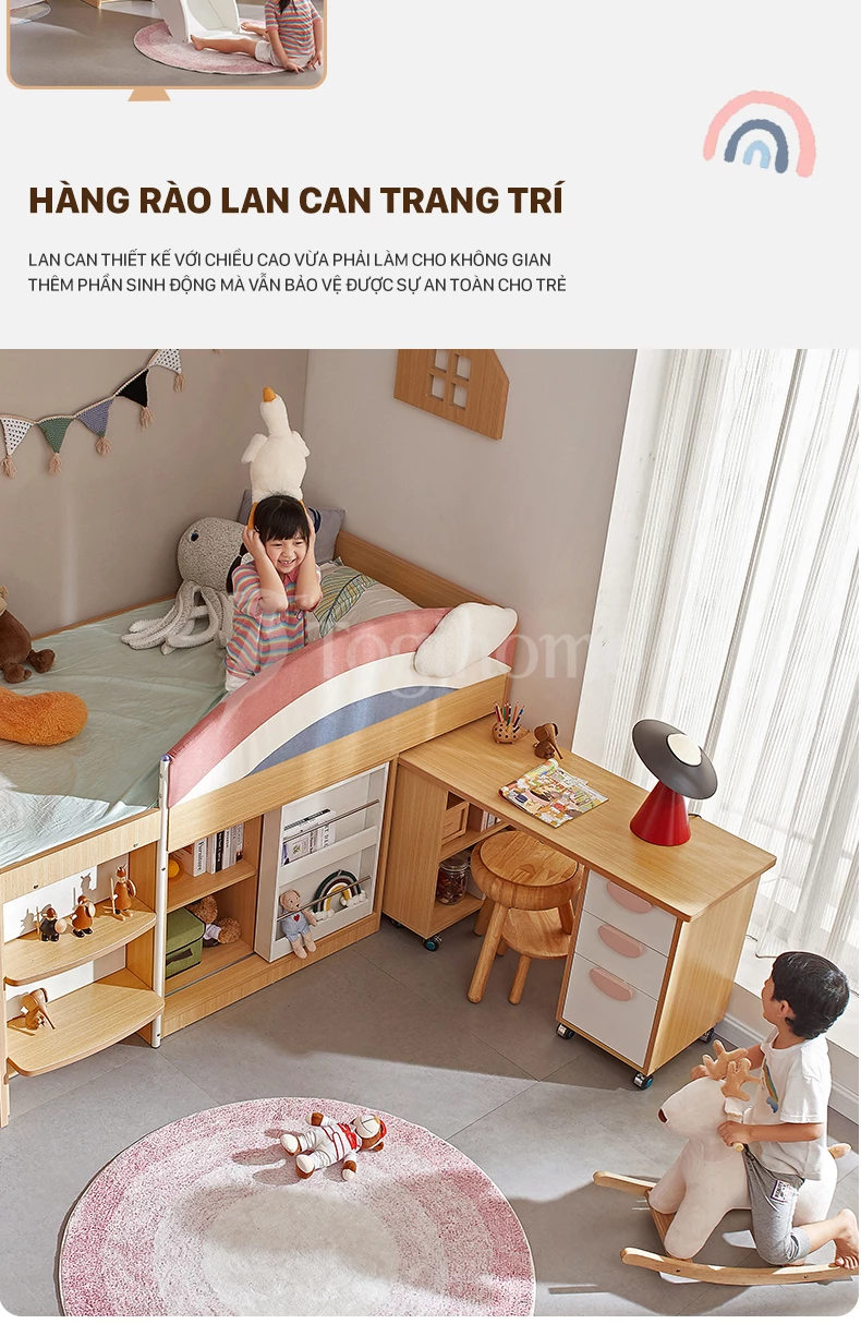 Combo giường tầng GTE027 kết hợp tủ và bàn học xinh xắn dành cho trẻ em với thiết kế tối ưu không gian với hàng rào lan can nâng cao an toàn