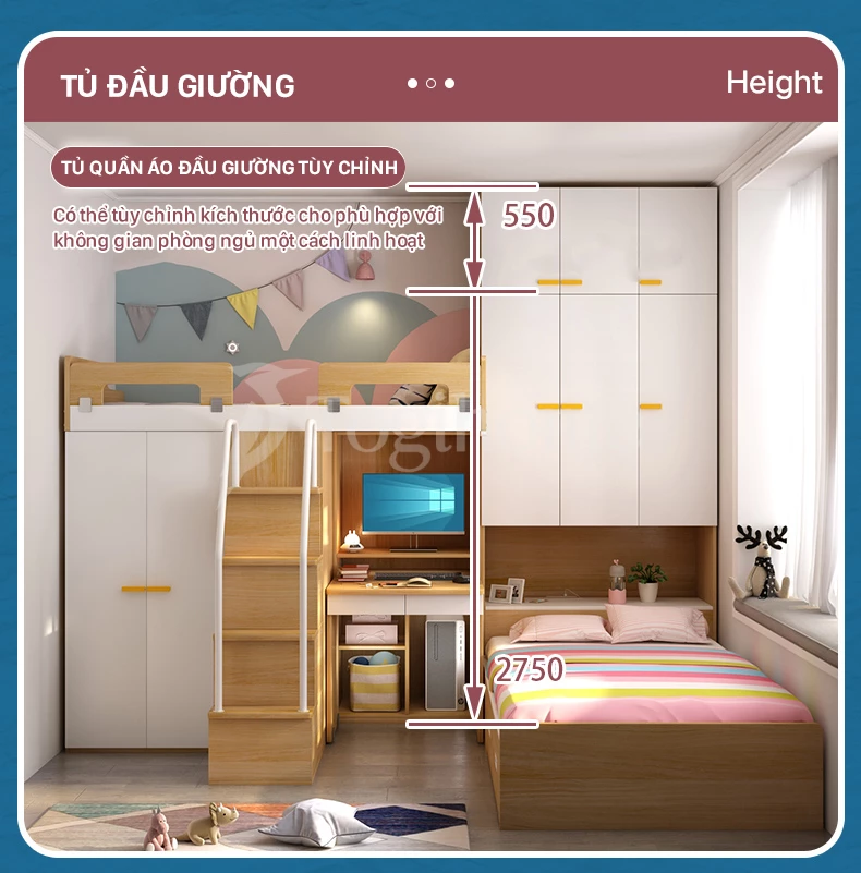 Bộ giường ngủ trẻ em GTE02 kết hợp tủ đầu giường với nhiều ngăn kéo lưu trữ