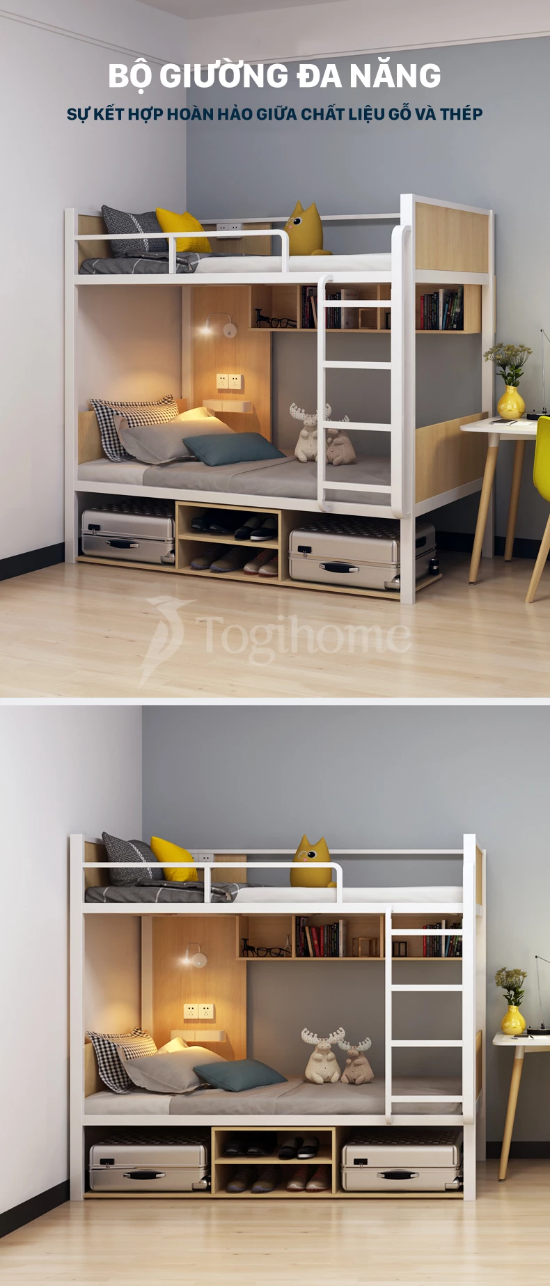 Kiểu dáng thiết kế Bộ giường ngủ 2 tầng đa năng GSTE006 kết hợp tủ và cầu thang kiểu dáng hiện đại, tối ưu không gian