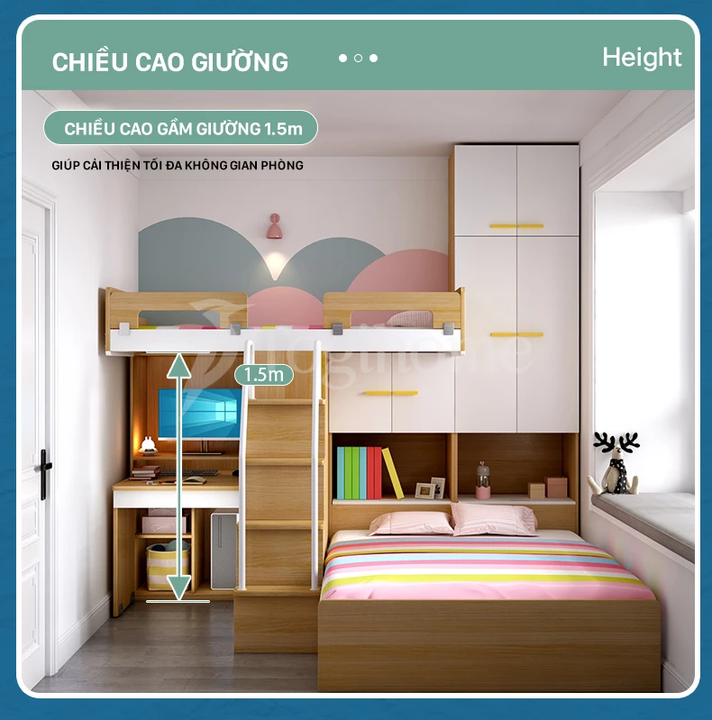 Chiều cao Giường ngủ trẻ em đa năng kết hợp tủ quần áo/bàn làm việc/cầu thang GTE06