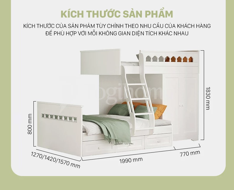 Kích thước chi tiết Bộ giường ngủ trẻ em đa năng GTE033 kết hợp tủ lưu trữ phong cách hiện đại, chất liệu gỗ MDF cao cấp