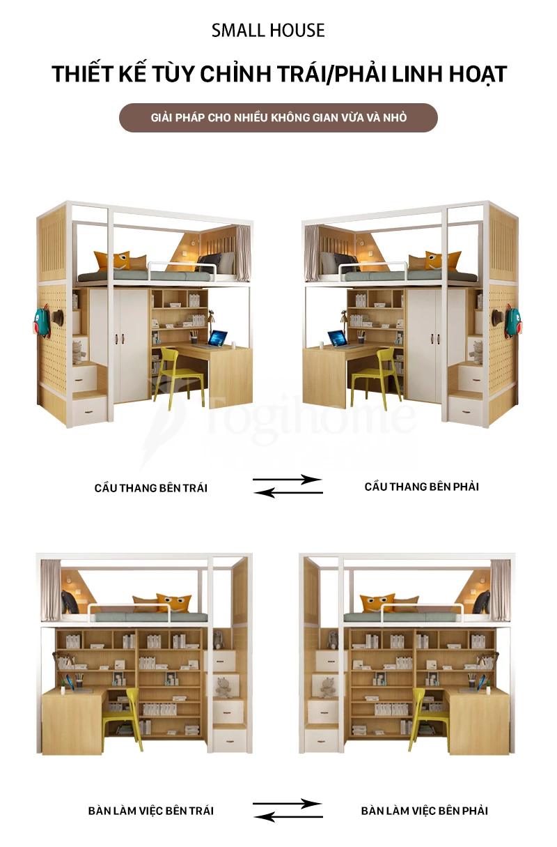 Bộ giường ngủ cao cấp GSTE004 kết hợp tủ quần áo/Bàn học/Tủ thang đa năng, phong cách hiện đại với thiết kế tùy chỉnh linh hoạt