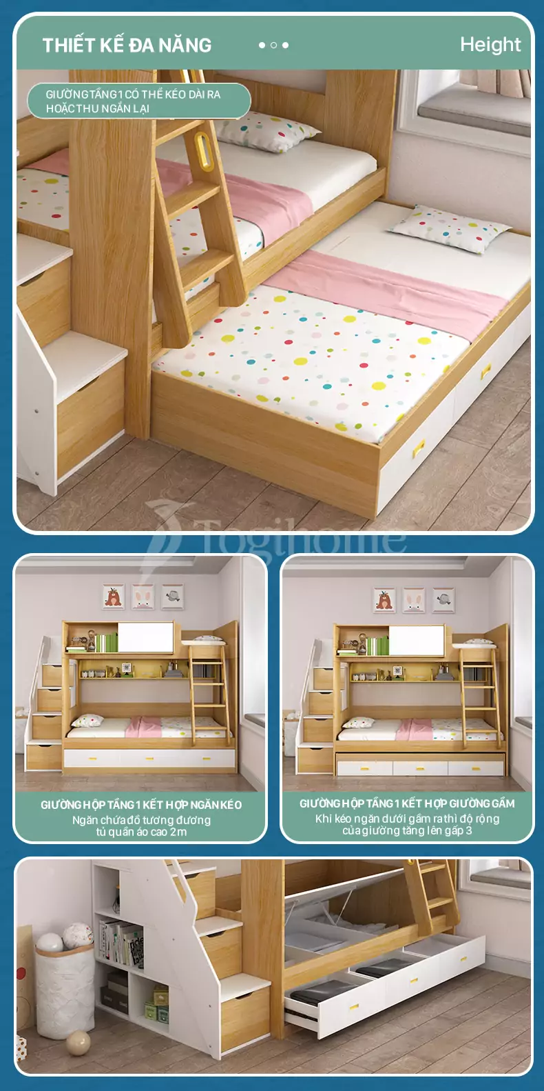 Bộ giường tầng trẻ em GTE022 kết hợp tủ và cầu thang đa năng, chất liệu gỗ MDF chống ẩm cao cấp với thiết kế giường linh hoạt