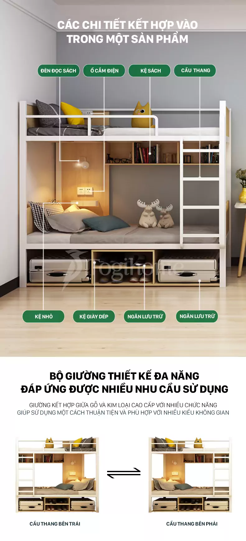 Các chi tiết trong Bộ giường ngủ 2 tầng đa năng GSTE006 kết hợp tủ và cầu thang kiểu dáng hiện đại, tối ưu không gian