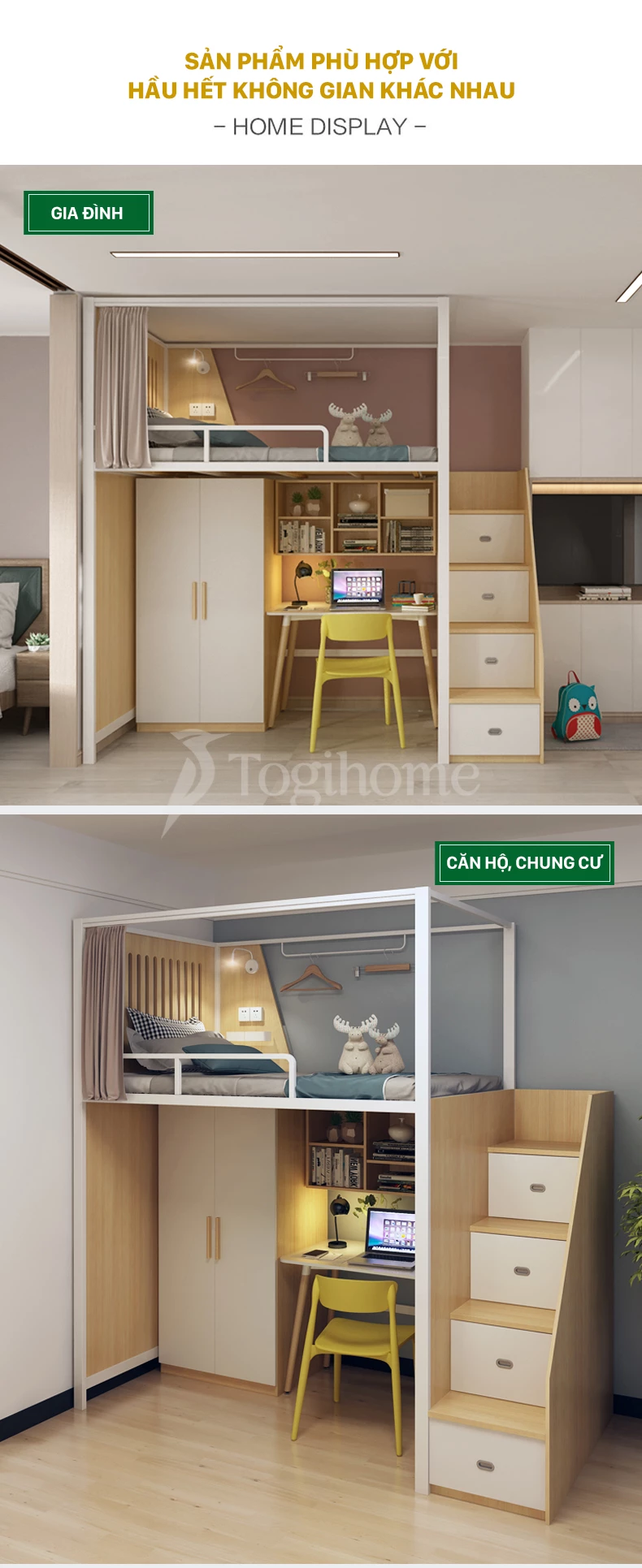 Bộ giường gỗ thép GSTE007 kết hợp tủ/bàn làm việc và tủ thang đa năng, phong cách Bắc Âu phù hợp với nhiều không gian