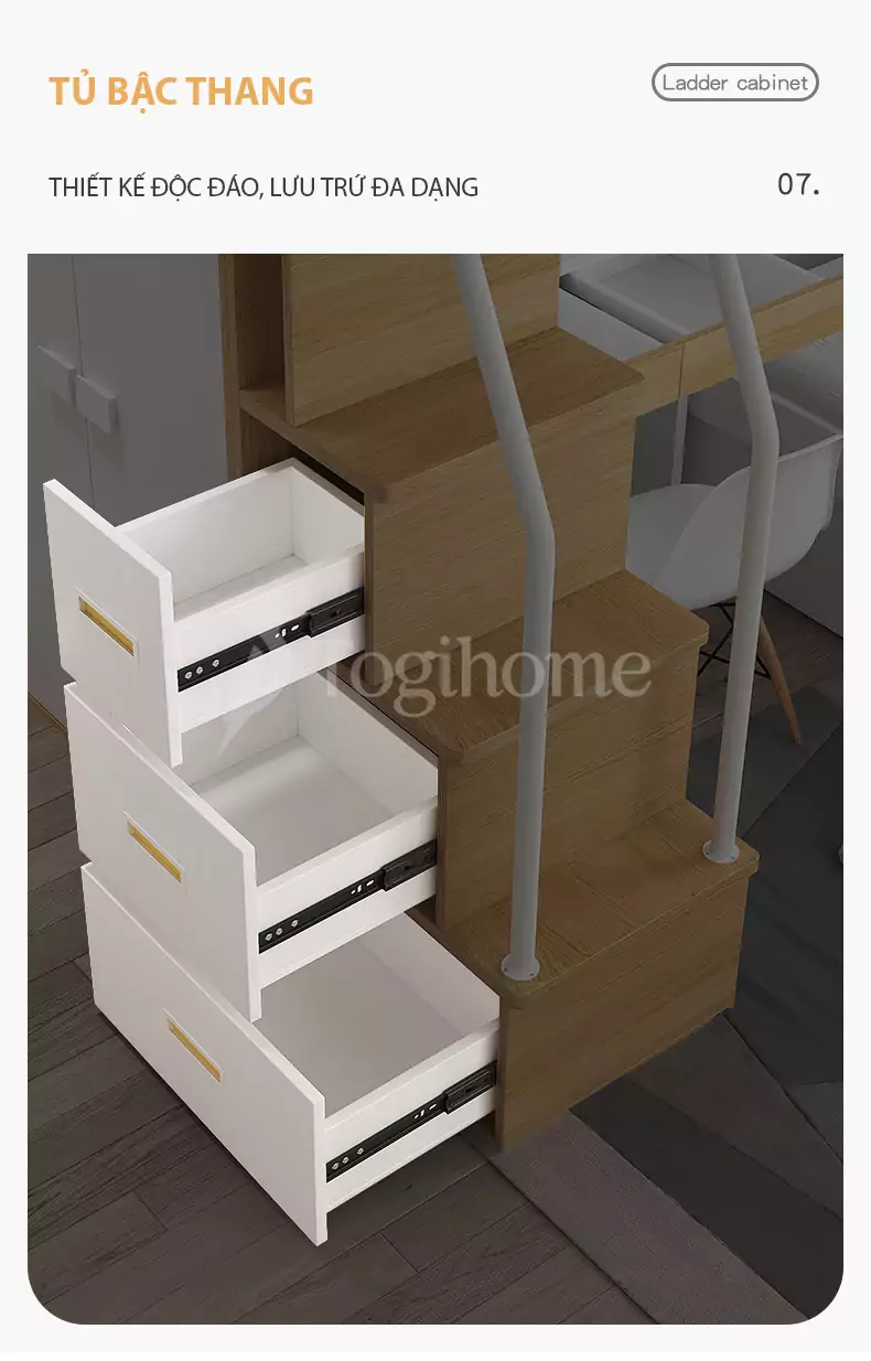 Tủ thang chống trượt trong Combo giường ngủ kết hợp tủ lưu trữ và bàn làm việc GN031 thiết kế hiện đại, nhiều kiểu dáng lựa chọn