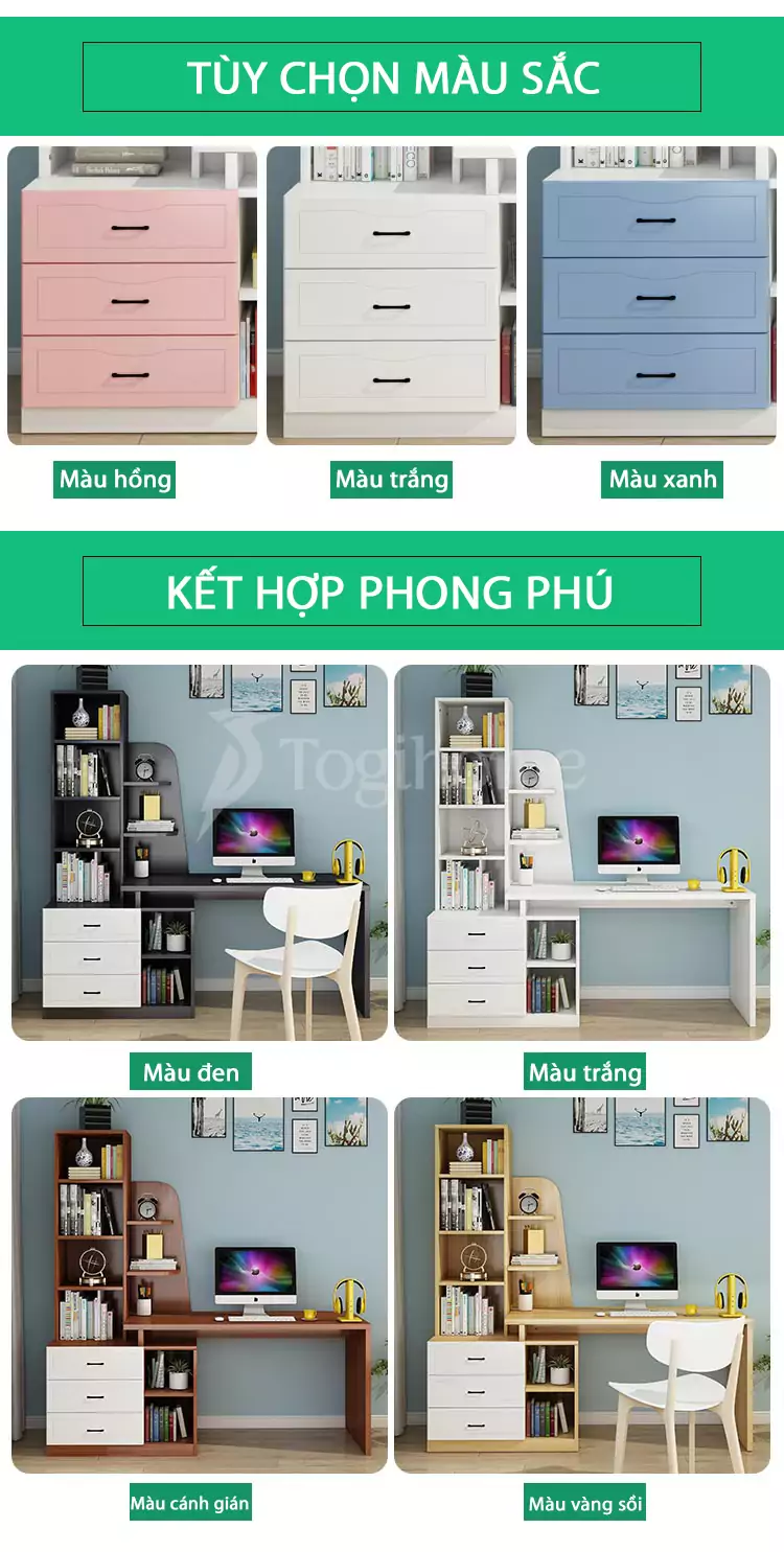 Bàn học sinh phong cách Bắc Âu sang trọng BHSV035 kết hợp giá sách đa năng với nhiều màu sắc lựa chọn