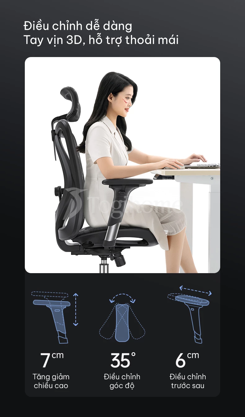 tay vịn 3D điều chỉnh dễ dàng của ghế văn phòng công thái học gh005