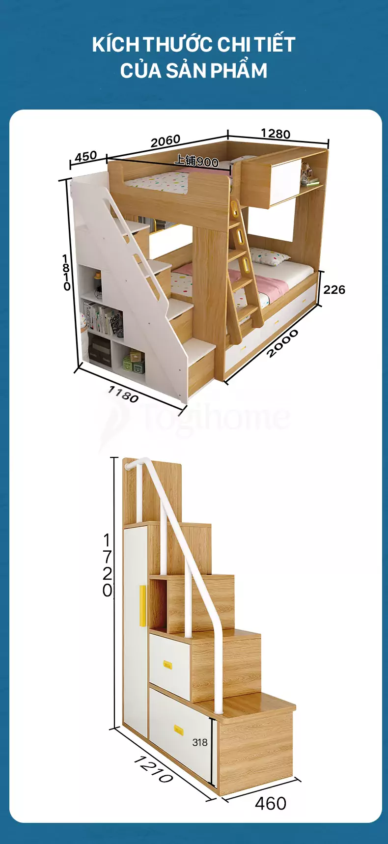 Kích thước chi tiết Bộ giường tầng trẻ em GTE022 kết hợp tủ và cầu thang đa năng, chất liệu gỗ MDF chống ẩm cao cấp