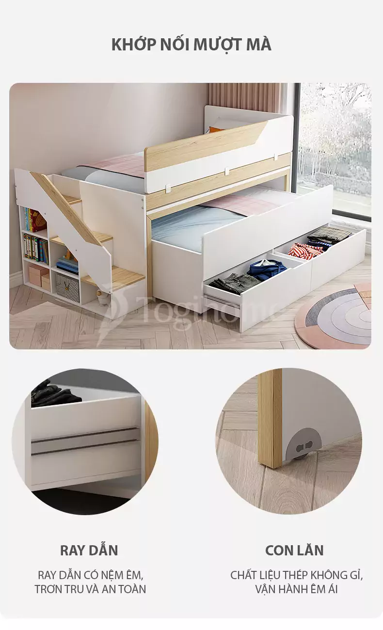 Bộ giường tầng trẻ em GN027 thông minh kết hợp tủ lưu trữ đa năng, kiểu dáng hiện đại với các chi tiết chuyển động mượt mà