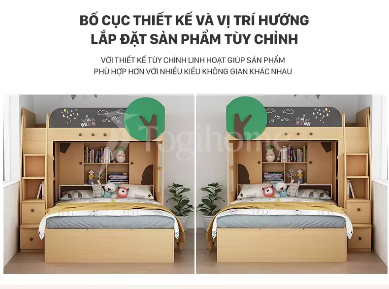Bộ giường ngủ 2 tầng GTE034 đa năng kết hợp kệ sách và tủ thang dành cho trẻ phong cách hiện đại với thiết kế tùy chỉnh hướng bố cục linh hoạt