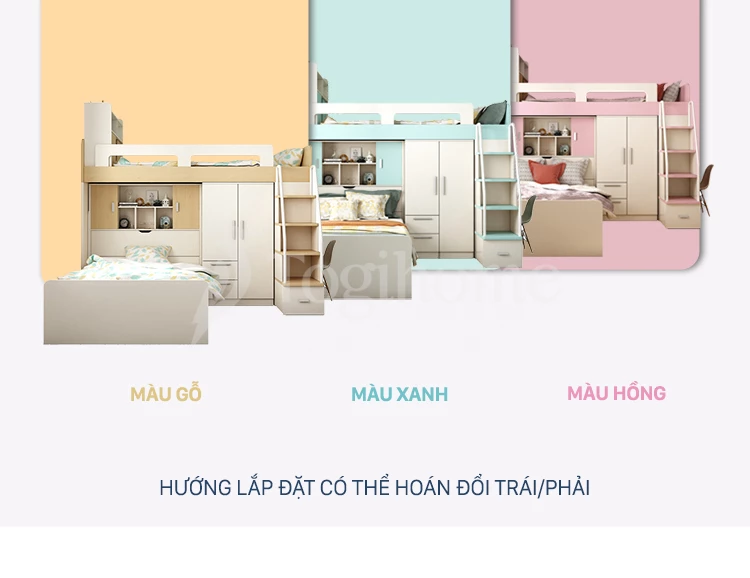 màu sắc Bộ phòng ngủ trẻ em kết hợp giường tầng/tủ đồ/bàn làm việc/tủ thang GTE018 hiện đại, chất liệu gỗ MDF cao cấp