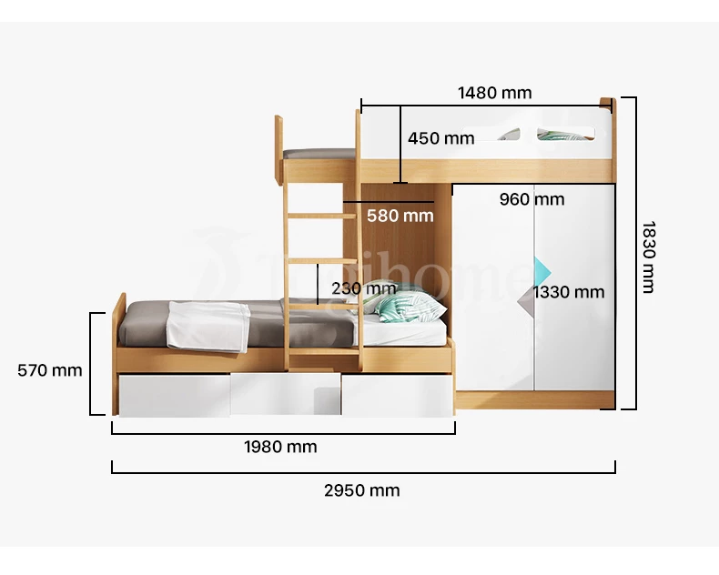 Kích thước chi tiết Bộ giường tầng trẻ em GTE026 kết hợp tủ đồ và tủ giường kiểu dáng hiện đại, chất liệu gỗ MDF cao cấp
