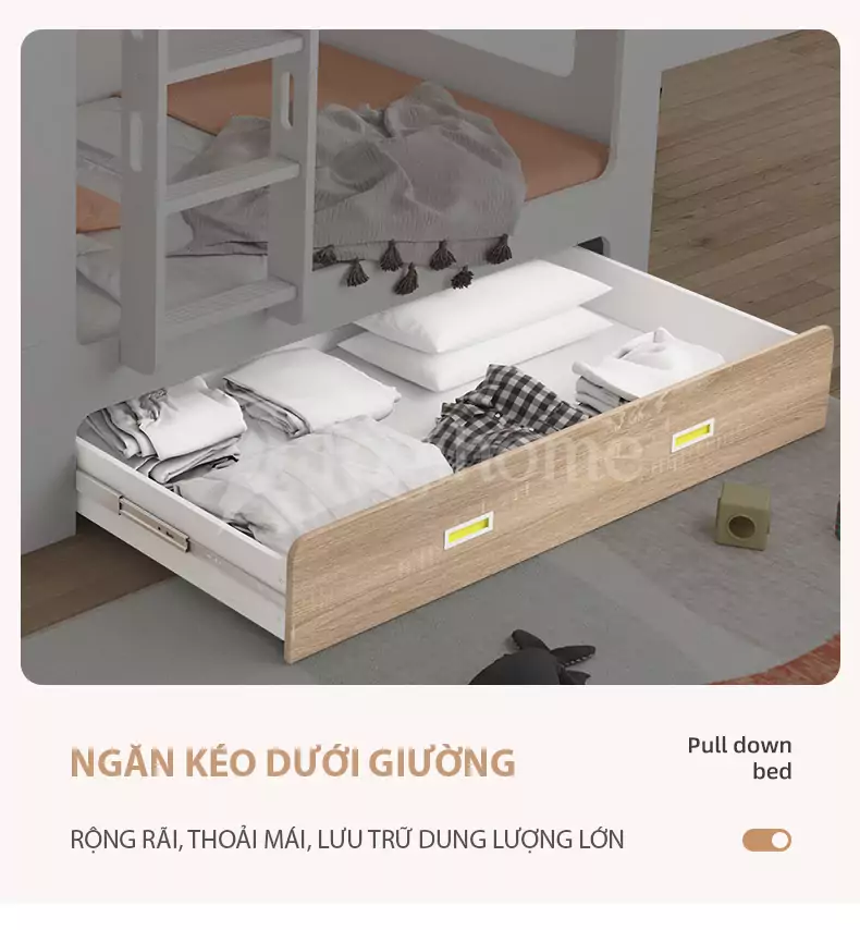 GIƯỜNG TẦNG TRẺ EM PHONG CÁCH BẮC ÂU GN032 KẾT HỢP TỦ ĐỒ/KỆ SÁCH đa năng với thiết kế giường hộp lưu trữ