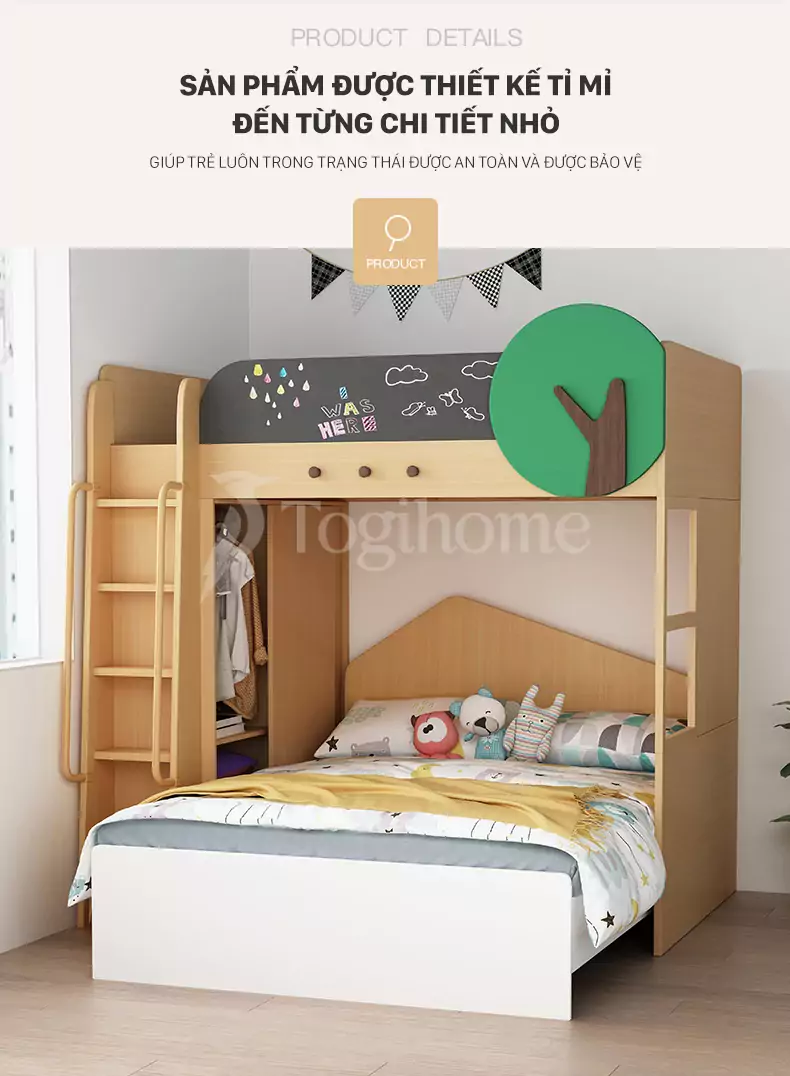 Công năng chi tiết đi kèm Bộ giường ngủ 2 tầng GTE034 đa năng kết hợp kệ sách và tủ thang dành cho trẻ phong cách hiện đại