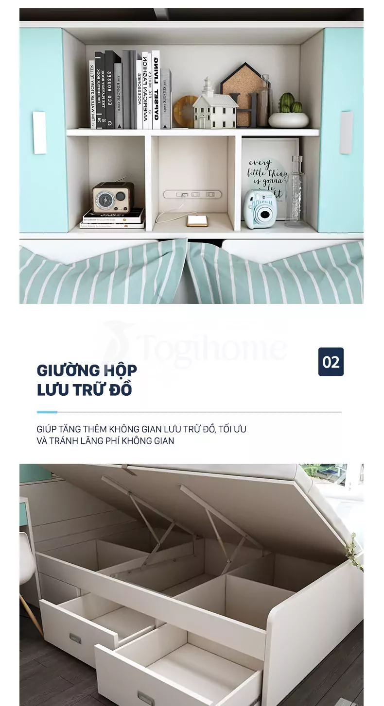 Combo giường tầng/tủ quần áo/bàn học/kệ sách GTE014 kiểu dáng hiện đại, chất liệu gỗ MDF thân thiện môi trường với thiết kế giường hộp lưu trữ