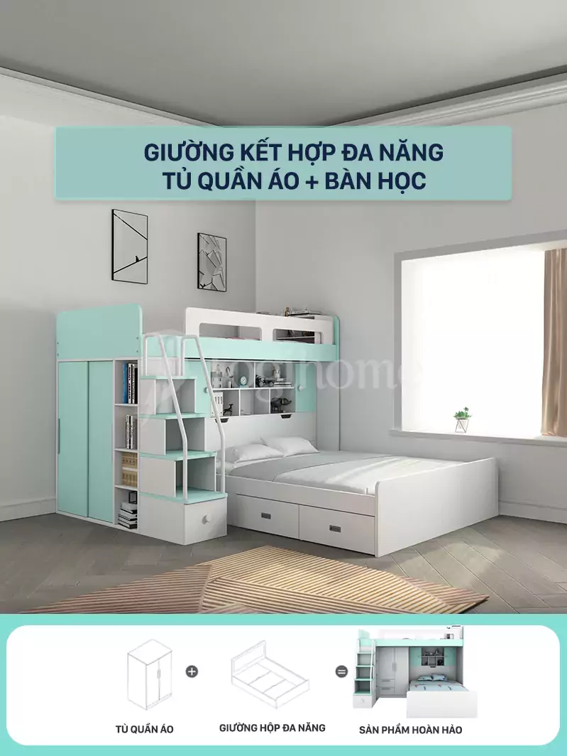 Combo bộ giường tầng trẻ em kết hợp tủ GTE012  và cầu thang hộp đa năng, thuận tiện, chất liệu gỗ MDF cao cấp với thiết kế tối ưu cho không gian