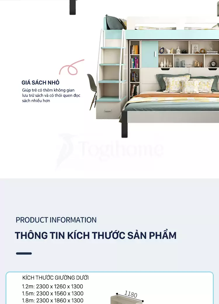 Kích thước chi tiết Bộ phòng ngủ trẻ em kết hợp giường tầng/tủ đồ/bàn làm việc/tủ thang GTE018 hiện đại, chất liệu gỗ MDF cao cấp