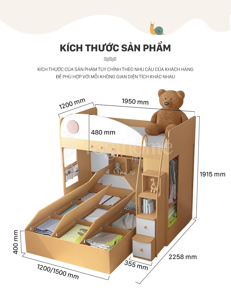 Kích thước chi tiết Bộ giường tầng đa năng kết hợp tủ đồ và tủ thang GTE028 kiểu dáng hiện đại, xinh xắn cho trẻ em