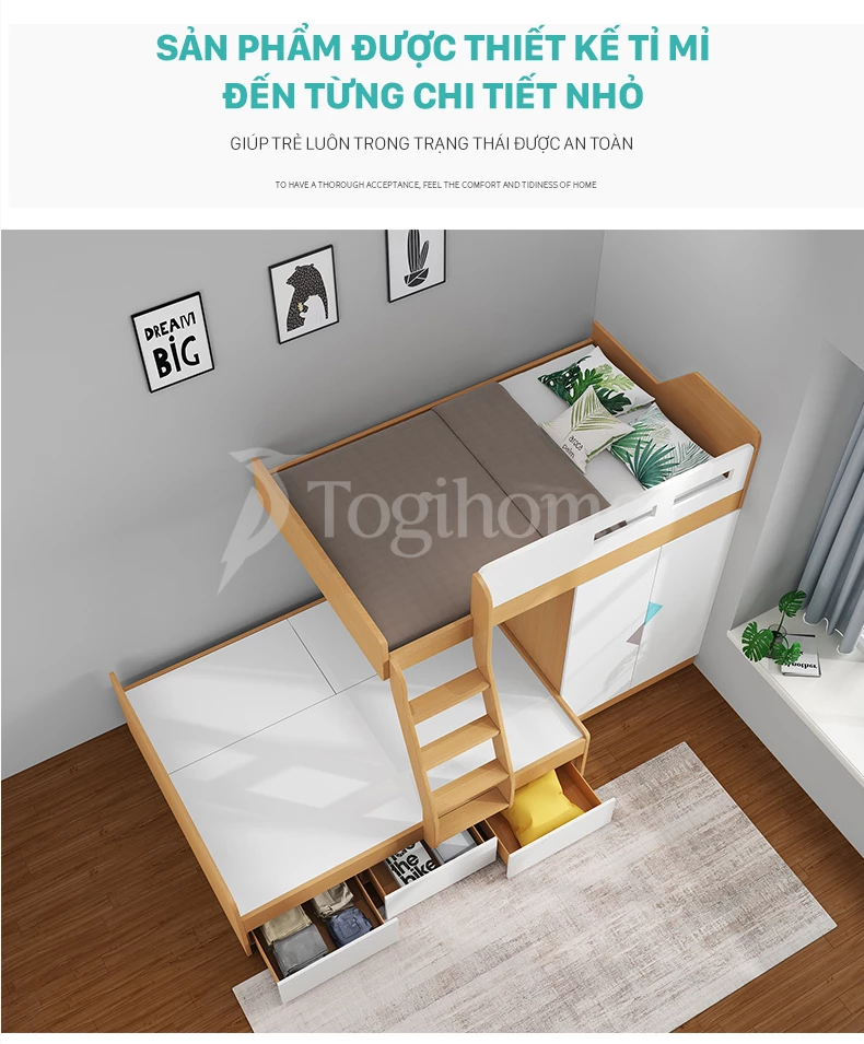 Công năng các chi tiết trong Bộ giường tầng trẻ em GTE026 kết hợp tủ đồ và tủ giường kiểu dáng hiện đại, chất liệu gỗ MDF cao cấp