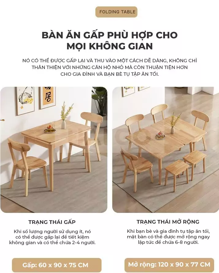 Bàn Ăn Gấp Gọn Gỗ Tự Nhiên Haigo BA080