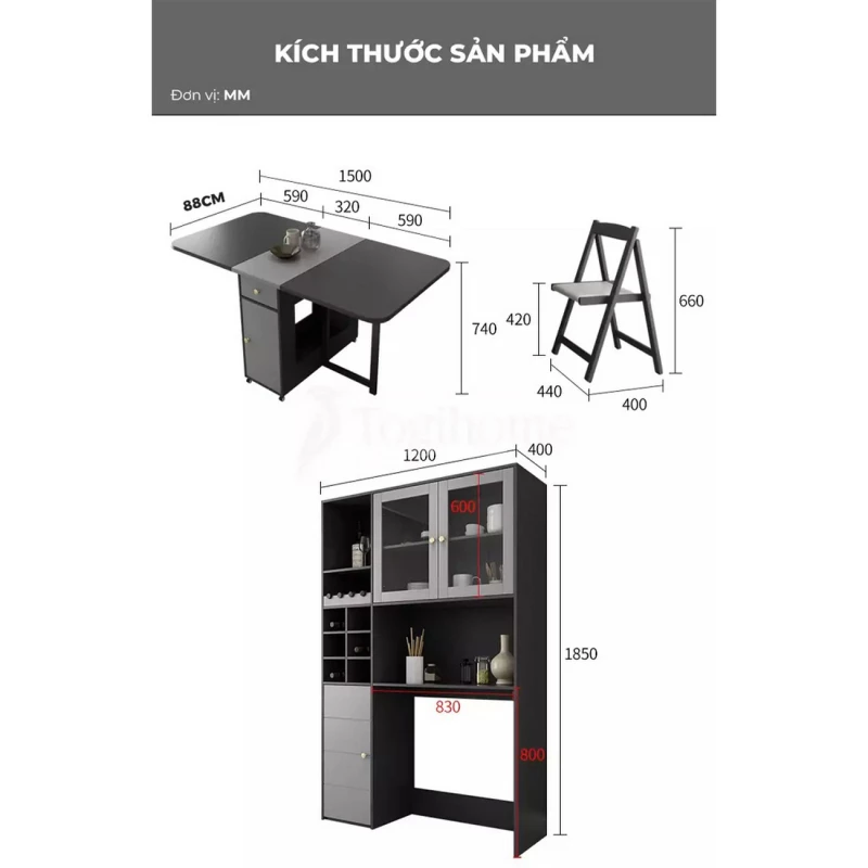 Bàn Ăn Gấp Gọn Kèm Ghế Nệm Da Thoải Mái Togismart 119 - Thông số và kích thước chi tiết của sản phẩm.