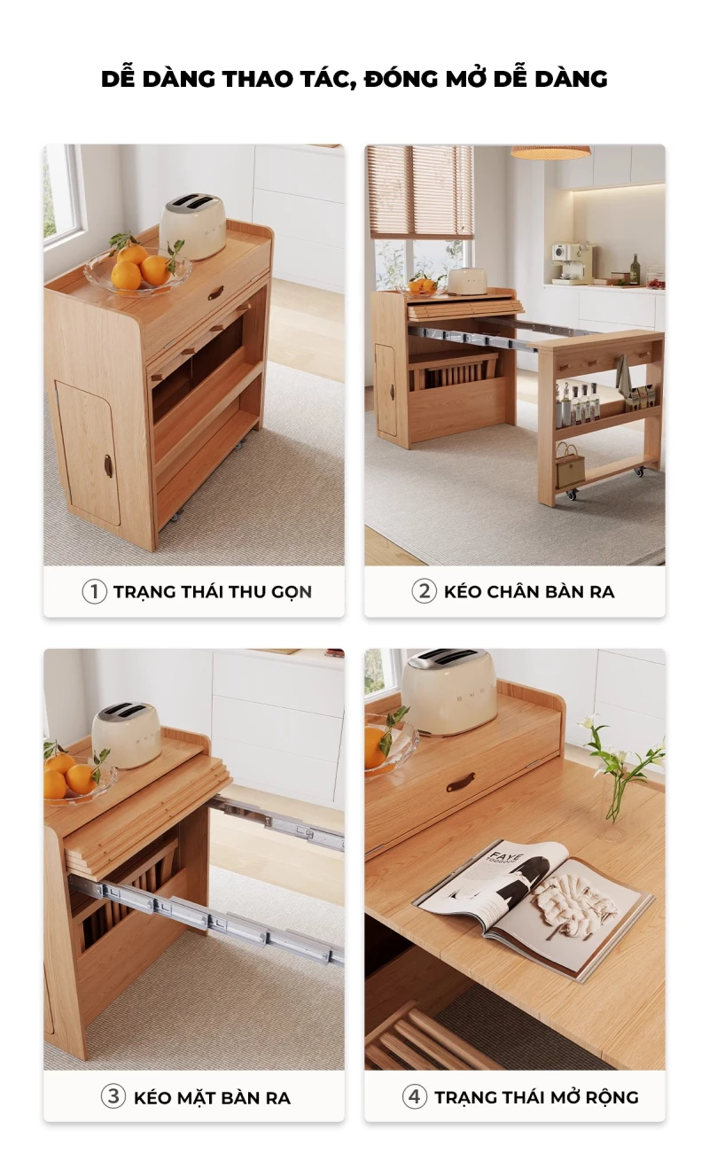 Bàn Ăn Gấp Gọn Thông Minh Togismart BA214 thiết kế hiện đại, tiện dụng, phù hợp căn hộ và gia đình muốn tối ưu diện tích. Chất liệu gỗ tự nhiên bền chắc, dễ dàng gấp mở linh hoạt, kết hợp mặt bàn sang trọng, mang đến sự tiện nghi và thẩm mỹ cho phòng ăn.