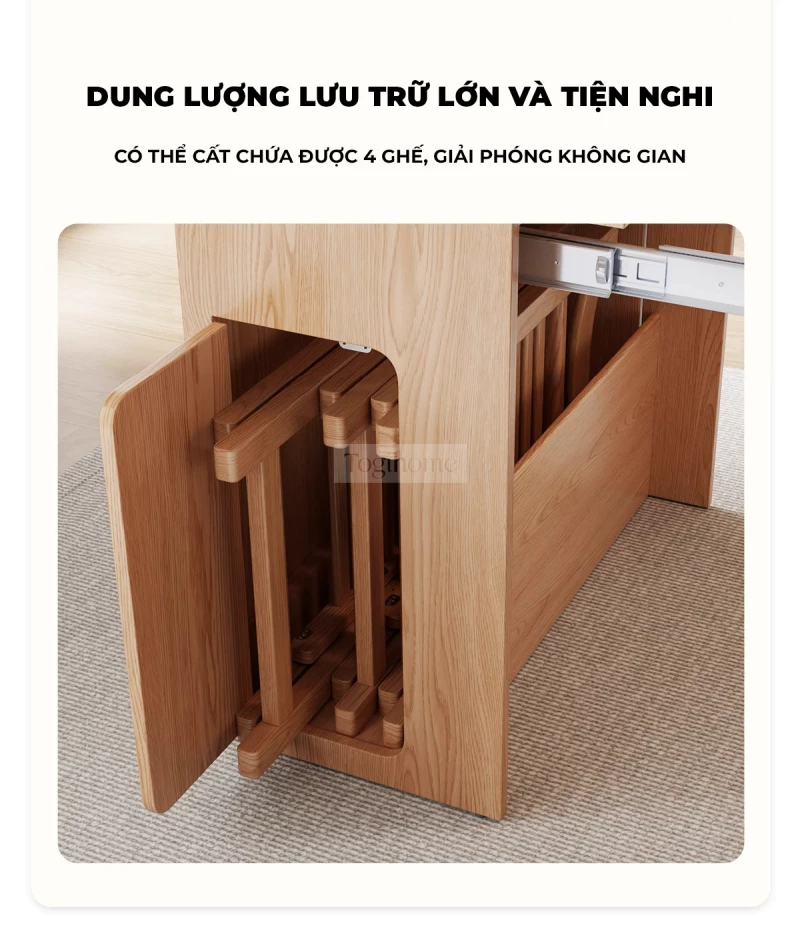 Bàn Ăn Gấp Gọn Thông Minh Togismart BA214 thiết kế hiện đại, tiện dụng, phù hợp căn hộ và gia đình muốn tối ưu diện tích. Chất liệu gỗ tự nhiên bền chắc, dễ dàng gấp mở linh hoạt, kết hợp mặt bàn sang trọng, mang đến sự tiện nghi và thẩm mỹ cho phòng ăn.