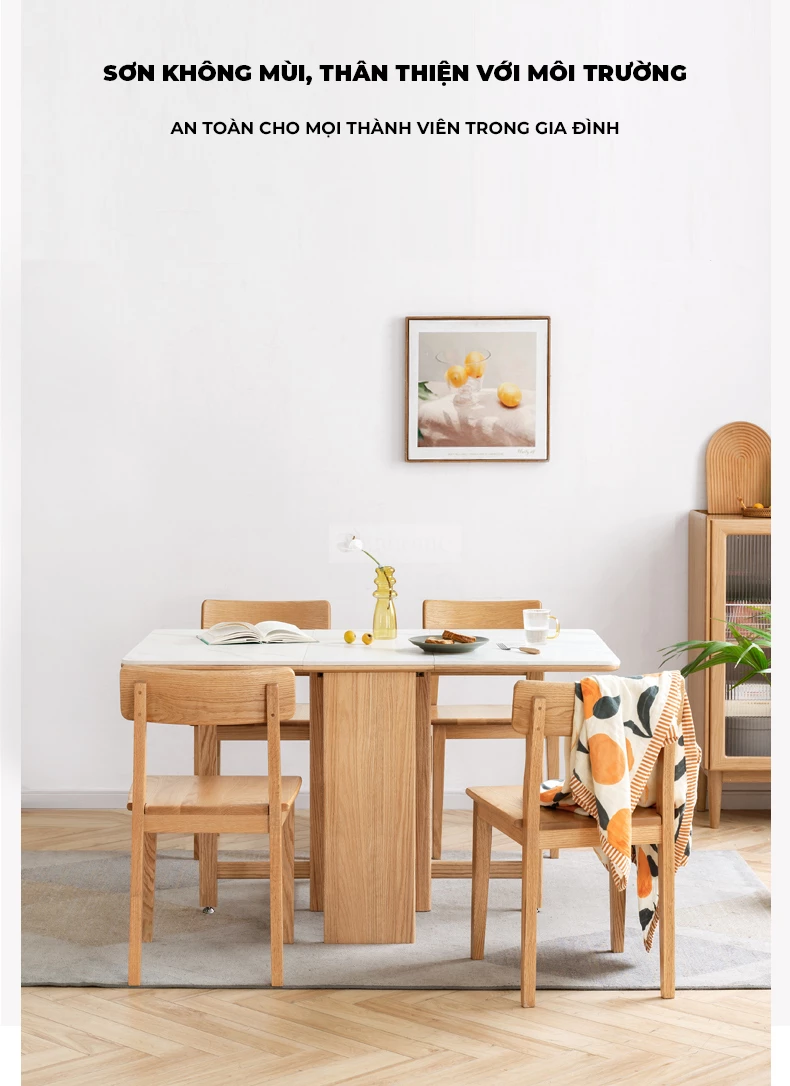 Bàn Ăn Gấp Mở Thông Minh Gỗ Tự Nhiên Mặt Đá Hiện Đại Togismart BA096 làm từ gỗ tự nhiên bền chắc, kết hợp mặt đá hiện đại sang trọng. Thiết kế gấp mở linh hoạt giúp tiết kiệm diện tích, phù hợp căn hộ chung cư và gia đình hiện đại, mang lại sự tiện nghi và điểm nhấn tinh tế cho phòng ăn.