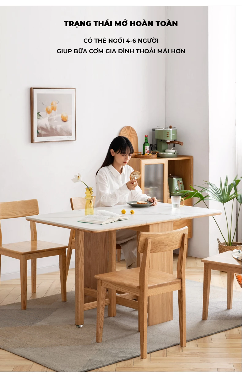 Bàn Ăn Gấp Mở Thông Minh Gỗ Tự Nhiên Mặt Đá Hiện Đại Togismart BA096 làm từ gỗ tự nhiên bền chắc, kết hợp mặt đá hiện đại sang trọng. Thiết kế gấp mở linh hoạt giúp tiết kiệm diện tích, phù hợp căn hộ chung cư và gia đình hiện đại, mang lại sự tiện nghi và điểm nhấn tinh tế cho phòng ăn.