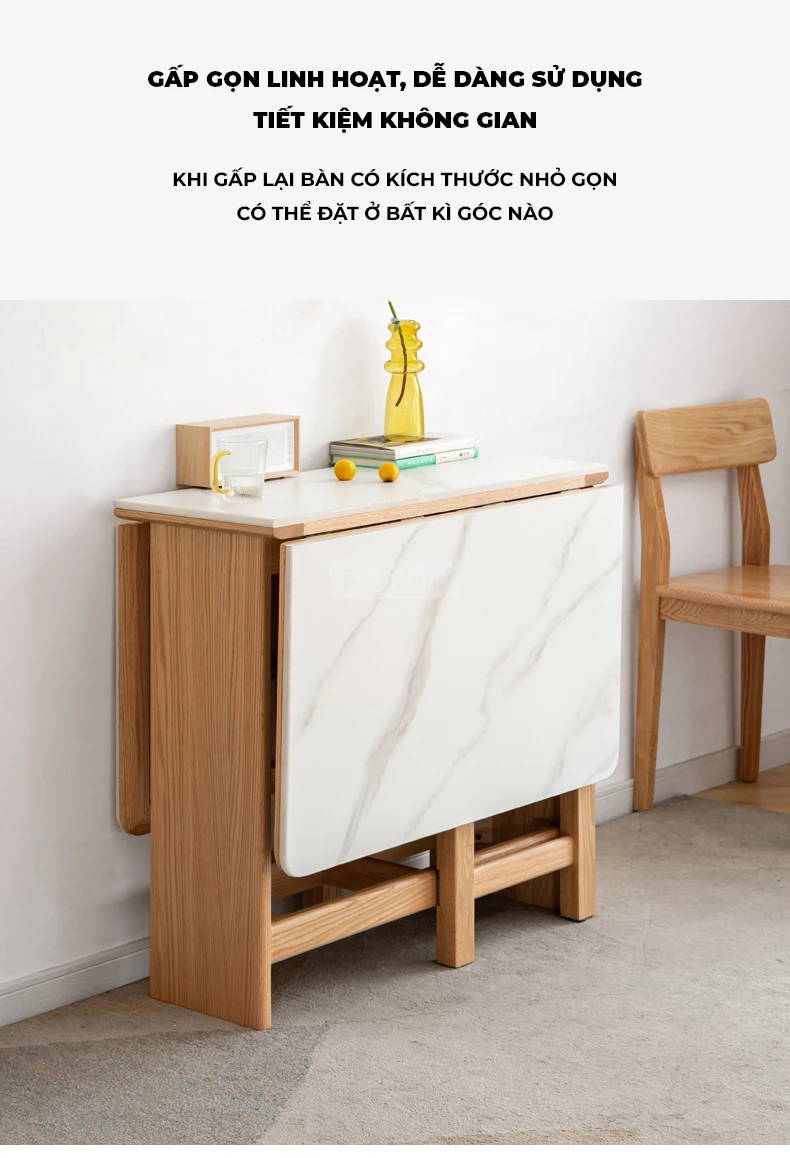 Bàn Ăn Gấp Mở Thông Minh Gỗ Tự Nhiên Mặt Đá Hiện Đại Togismart BA096 làm từ gỗ tự nhiên bền chắc, kết hợp mặt đá hiện đại sang trọng. Thiết kế gấp mở linh hoạt giúp tiết kiệm diện tích, phù hợp căn hộ chung cư và gia đình hiện đại, mang lại sự tiện nghi và điểm nhấn tinh tế cho phòng ăn.