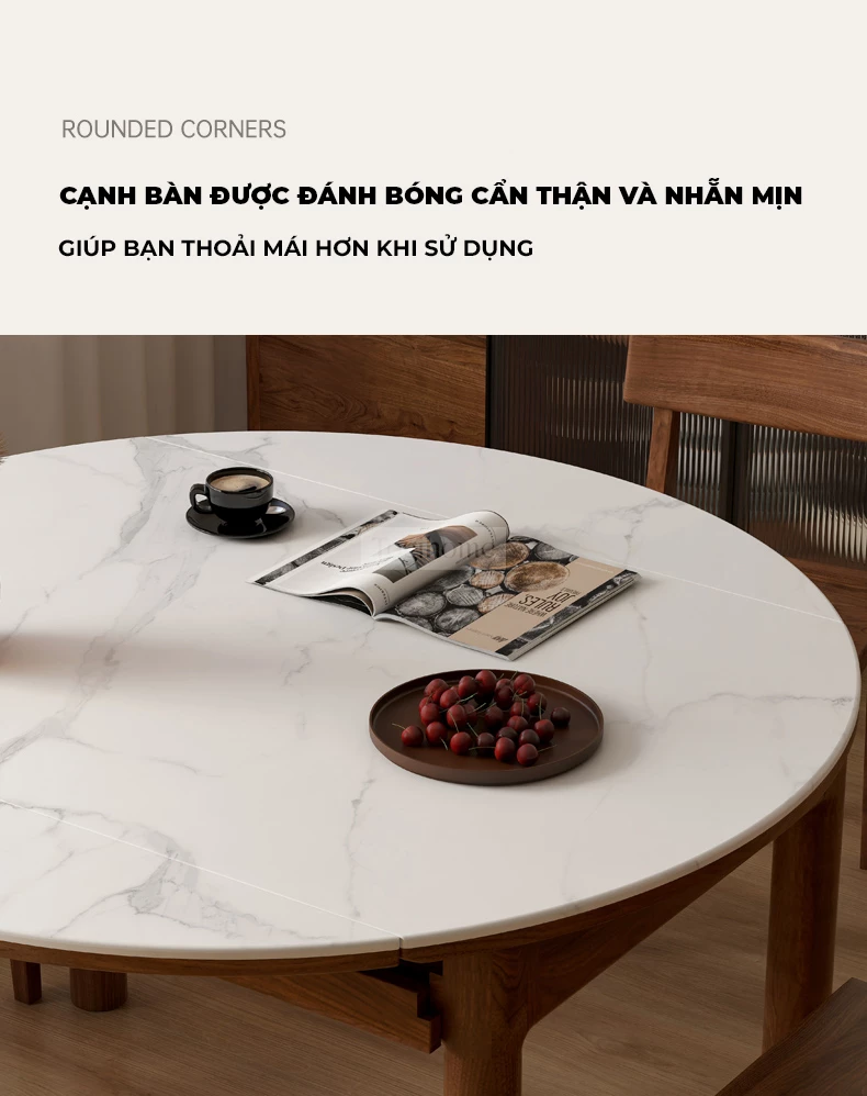 Bàn Ăn Gấp Vuông Tròn Gỗ Tự Nhiên Mặt Đá Togismart BA211 thiết kế thông minh, linh hoạt từ dạng vuông sang tròn, phù hợp nhiều không gian. Chất liệu gỗ tự nhiên bền chắc kết hợp mặt đá sang trọng, dễ vệ sinh, mang lại sự tiện nghi và điểm nhấn hiện đại cho phòng ăn.