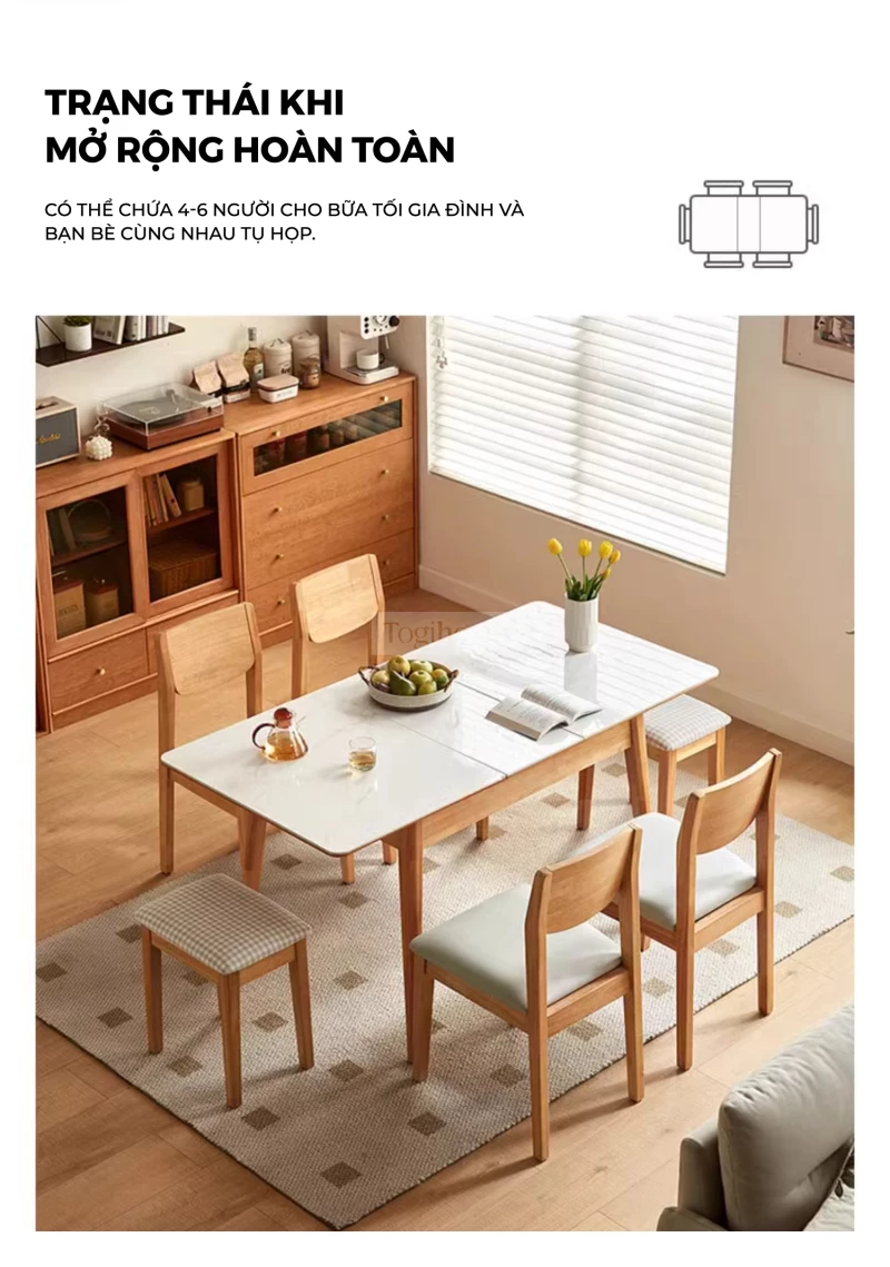Bàn Ăn Gỗ Tự Nhiên Mặt Đá Tự Nhiên Hiện Đại Togismart BA 088 kết hợp mặt đá tự nhiên cao cấp, mang đến vẻ đẹp hiện đại và sang trọng. Thiết kế chắc chắn, tinh tế phù hợp với nhiều không gian sống. Sản phẩm lý tưởng cho những gia đình yêu thích phong cách tối giản, bền vững và đẳng cấp.