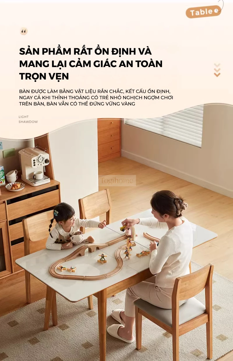 Bàn Ăn Gỗ Tự Nhiên Mặt Đá Tự Nhiên Hiện Đại Togismart BA 088 kết hợp mặt đá tự nhiên cao cấp, mang đến vẻ đẹp hiện đại và sang trọng. Thiết kế chắc chắn, tinh tế phù hợp với nhiều không gian sống. Sản phẩm lý tưởng cho những gia đình yêu thích phong cách tối giản, bền vững và đẳng cấp.