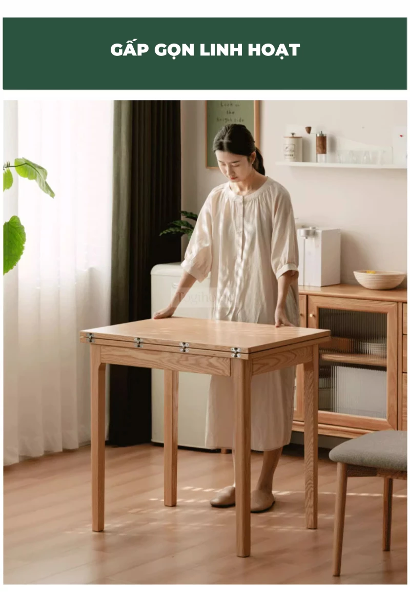 Bàn Ăn Gỗ Tự Nhiên Thông Minh Gập Mở Linh Hoạt Togismart BA218 thiết kế hiện đại, tiết kiệm không gian và dễ dàng điều chỉnh kích thước. Sản phẩm làm từ gỗ tự nhiên bền chắc, phù hợp gia đình nhỏ hoặc căn hộ chung cư, mang lại sự tiện nghi và thẩm mỹ cho phòng ăn.