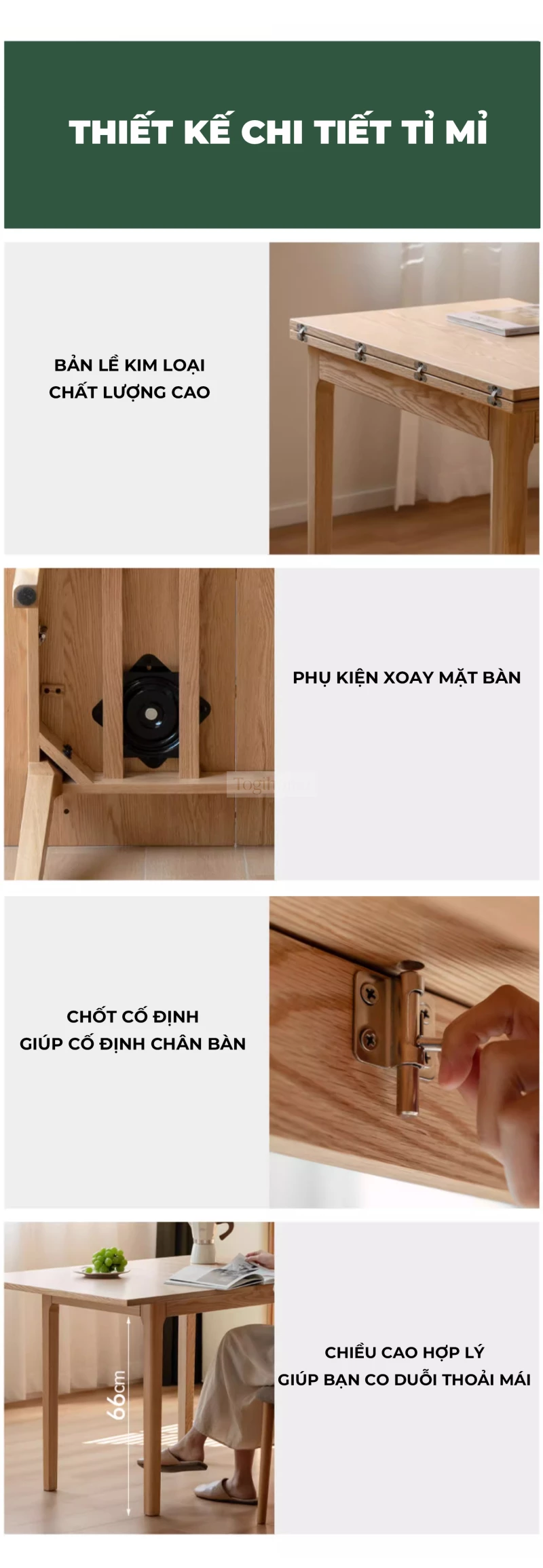 Bàn Ăn Gỗ Tự Nhiên Thông Minh Gập Mở Linh Hoạt Togismart BA218 thiết kế hiện đại, tiết kiệm không gian và dễ dàng điều chỉnh kích thước. Sản phẩm làm từ gỗ tự nhiên bền chắc, phù hợp gia đình nhỏ hoặc căn hộ chung cư, mang lại sự tiện nghi và thẩm mỹ cho phòng ăn.
