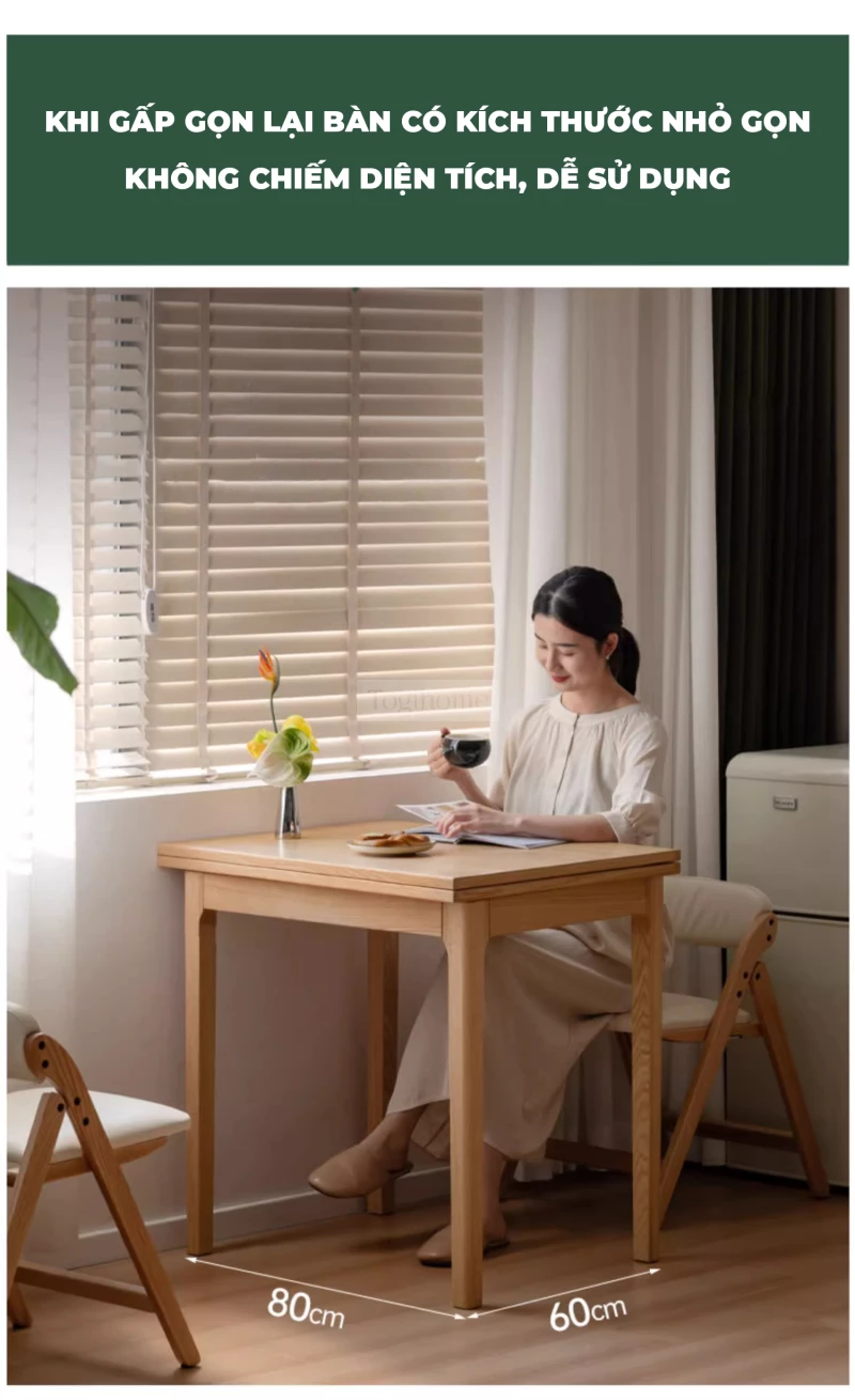 Bàn Ăn Gỗ Tự Nhiên Thông Minh Gập Mở Linh Hoạt Togismart BA218 thiết kế hiện đại, tiết kiệm không gian và dễ dàng điều chỉnh kích thước. Sản phẩm làm từ gỗ tự nhiên bền chắc, phù hợp gia đình nhỏ hoặc căn hộ chung cư, mang lại sự tiện nghi và thẩm mỹ cho phòng ăn.