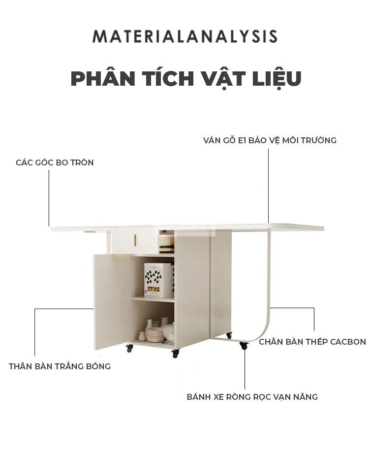 phân tích vật liệu của Bàn ăn thông minh gấp gọn kết hợp ghế nệm cao cấp KC61