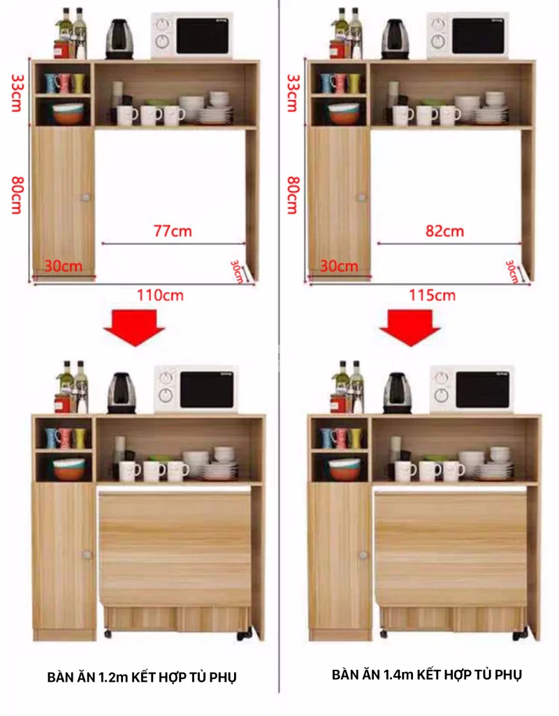 kích thước chi tiết của Bàn ăn thông minh gấp gọn kết hợp tủ KC57