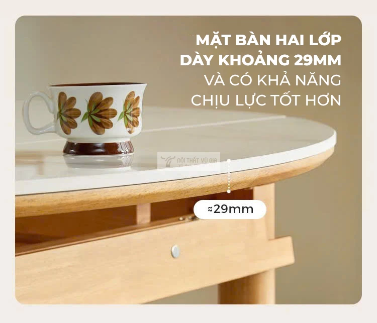 thiết kế mặt bàn hai lớp dày dặn của Bàn ăn thông minh gỗ tự nhiên cao cấp KC85