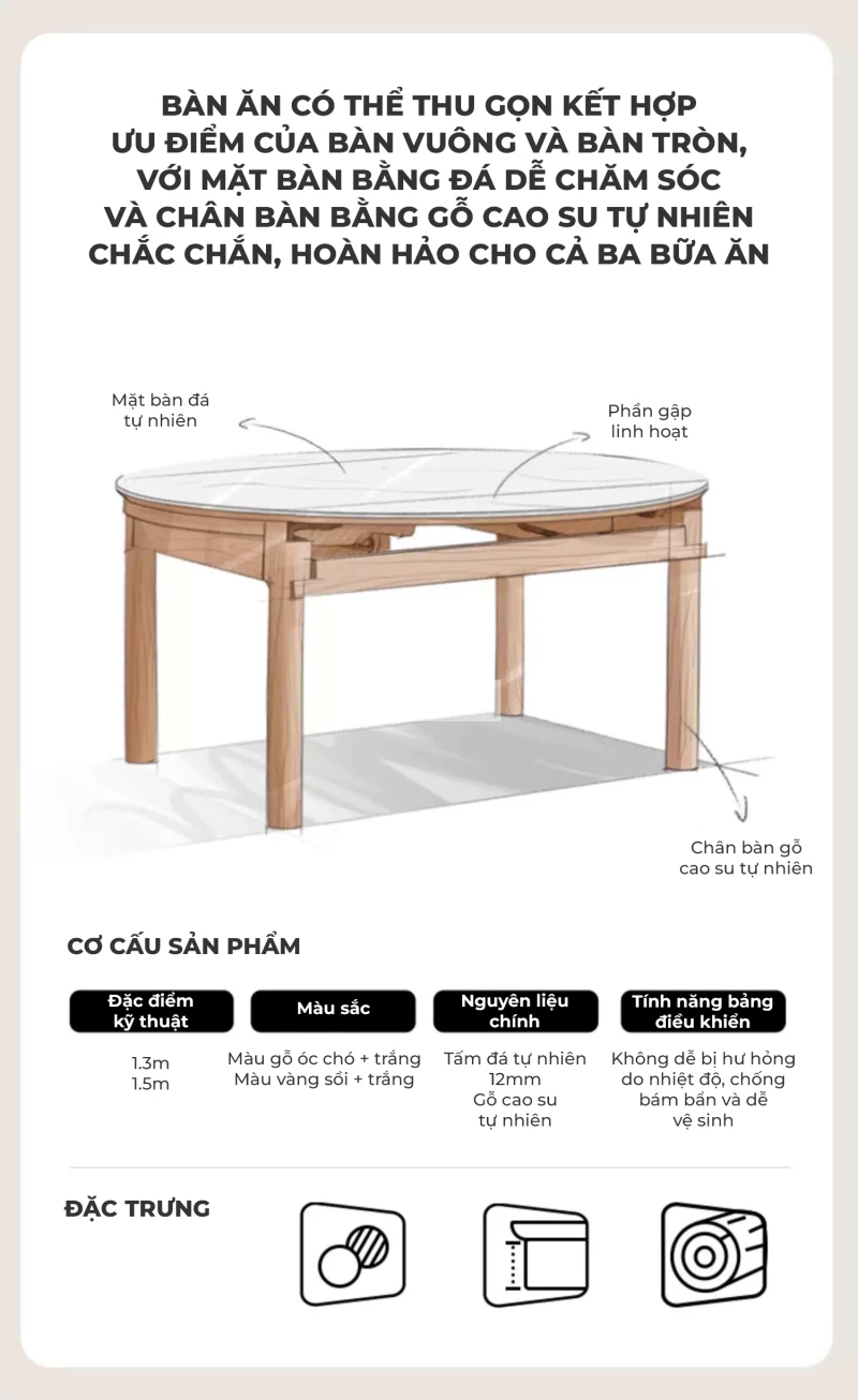 kết cấu Bàn ăn thông minh gỗ tự nhiên cao cấp KC85